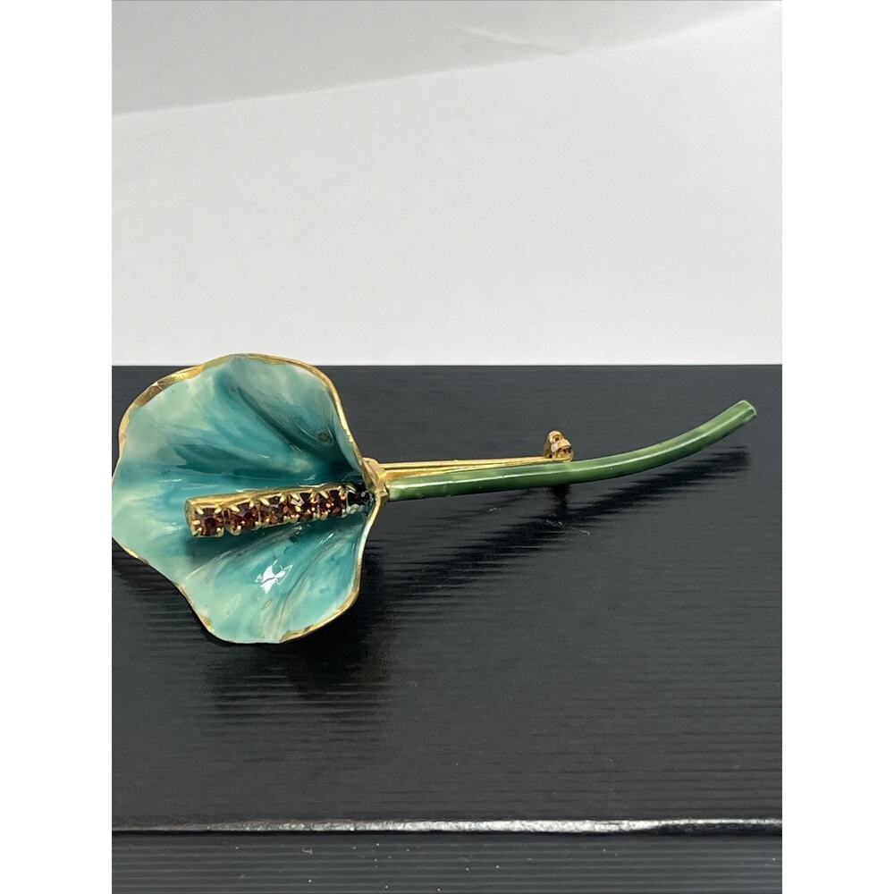 Sandor Vintage Brooch Gold Tone Enamel Green Blue Flower Amber Tone Rhinestone